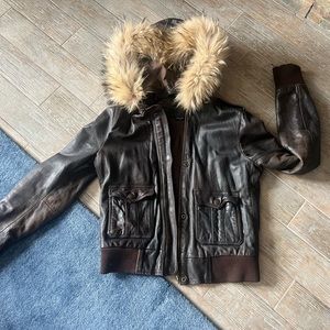 True Religion 100% Leather bomber jacket with coyote fur hood